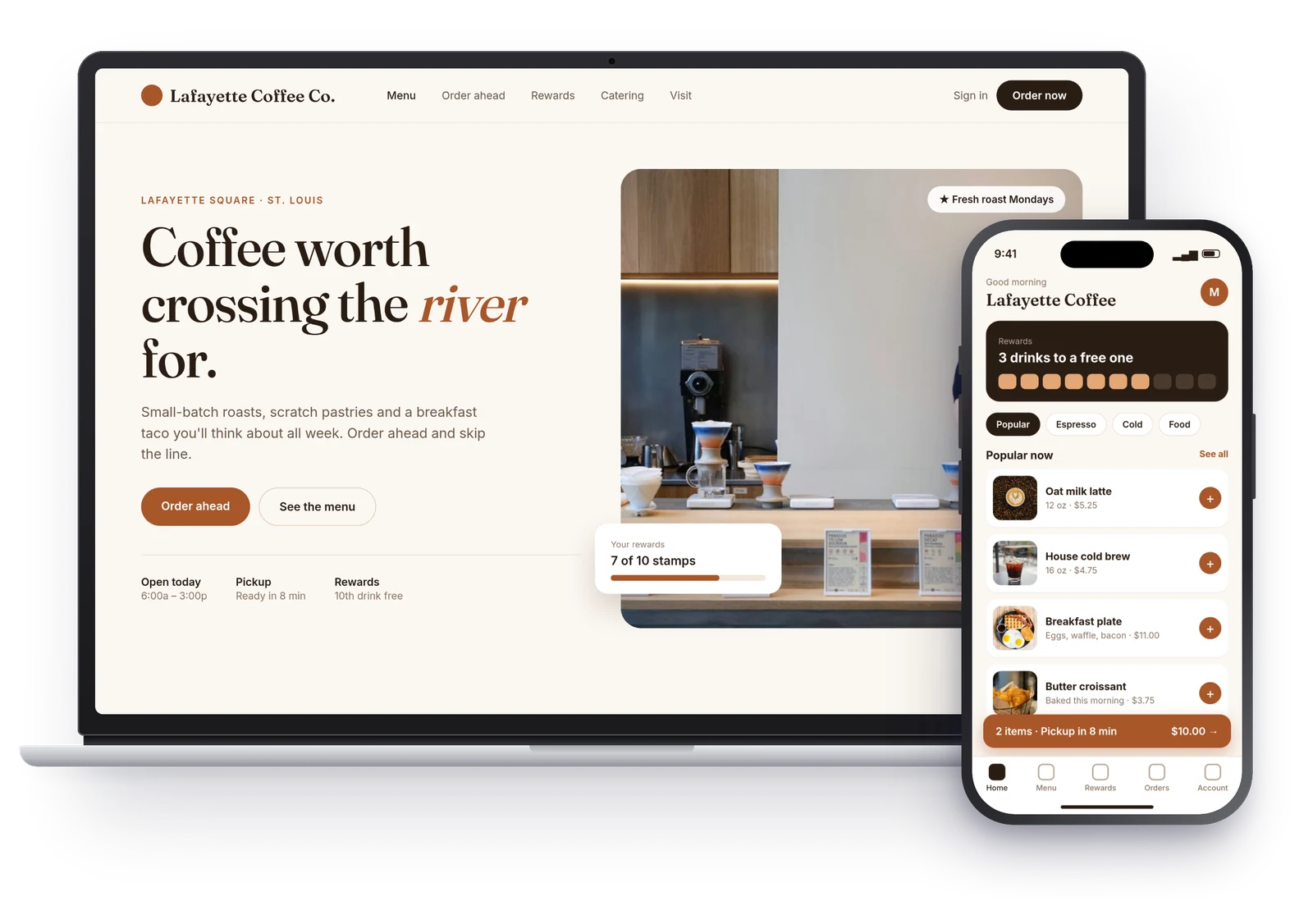 Sample website and ordering app for a fictional St. Louis coffee shop, on a laptop browser and a phone